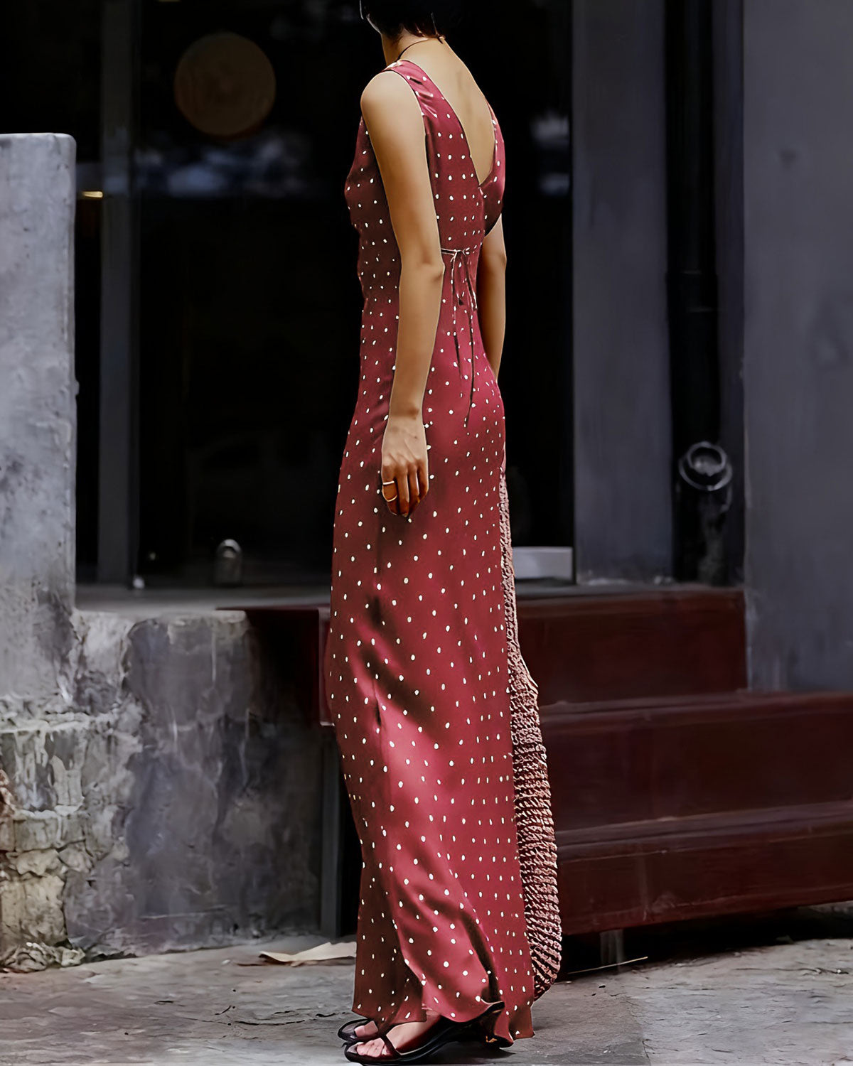 Vestido Maxi Sin Mangas con Lunares Rojos Vino