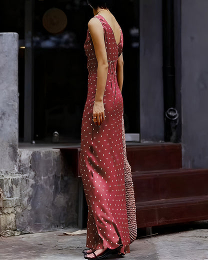 Vestido Maxi Sin Mangas con Lunares Rojos Vino