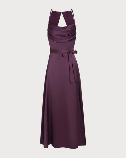 Vestido Maxi de Satén con Cuello de Cowl Morado