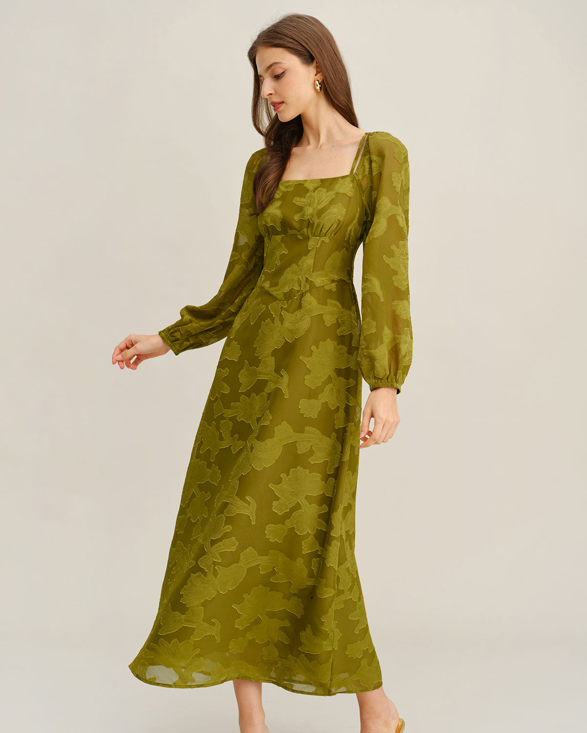 Vestido Maxi A-Line de Cuello Cuadrado con Flores Verdes