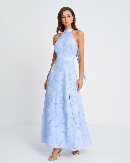 Vestido Maxi Jacquard de Cuello Alto Azul