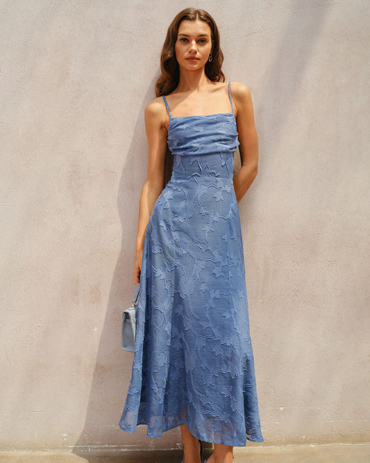 Vestido Maxi Sin Mangas de Jacquard Azul