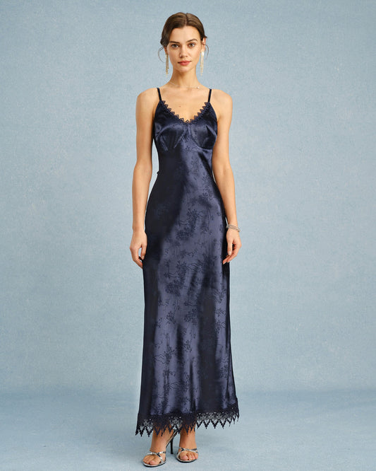 Vestido Maxi de Encaje Jacquard en Color Marino