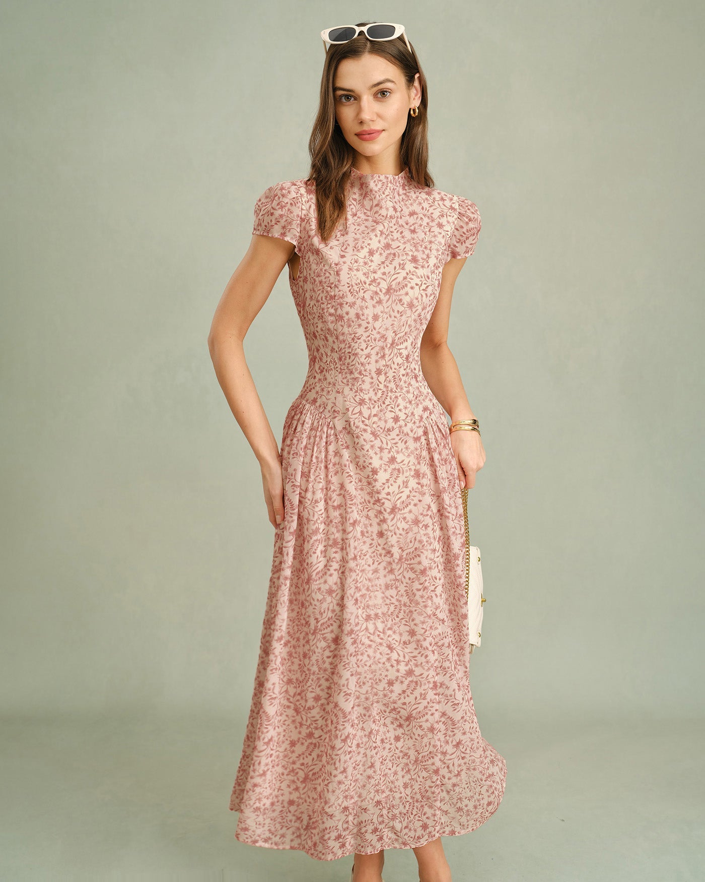 Vestido Maxi Floral con Cuello Mock Rosa