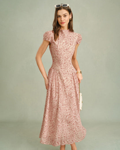 Vestido Maxi Floral con Cuello Mock Rosa