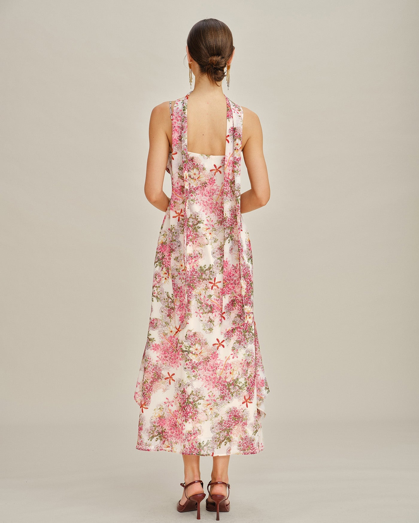 Vestido Maxi de Chiffon Floral Rosa