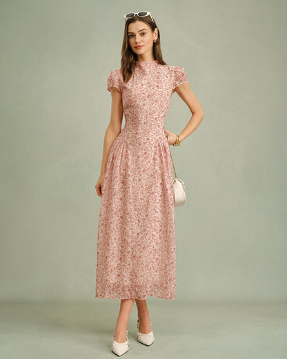 Vestido Maxi Floral con Cuello Mock Rosa
