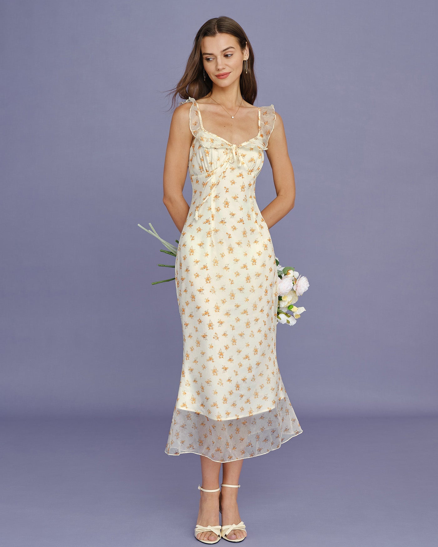 Vestido Maxi Sin Mangas con Volantes de Flor de Albaricoque