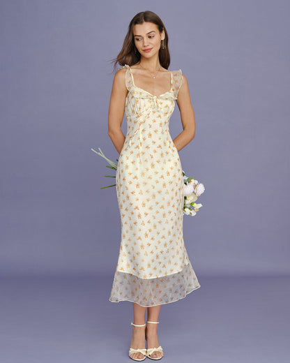 Vestido Maxi Sin Mangas con Volantes de Flor de Albaricoque