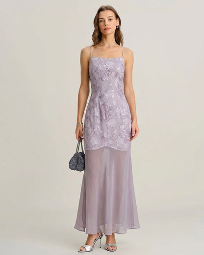 Vestido Maxi Slip de Jacquard con Lentejuelas Moradas