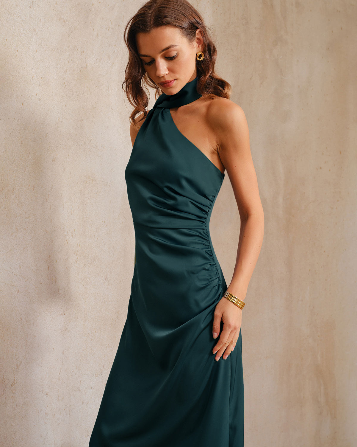 Vestido Maxi Verde Oscuro de Un Hombro
