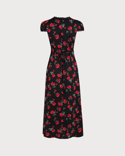 Vestido Maxi Negro Floral con Escote en V