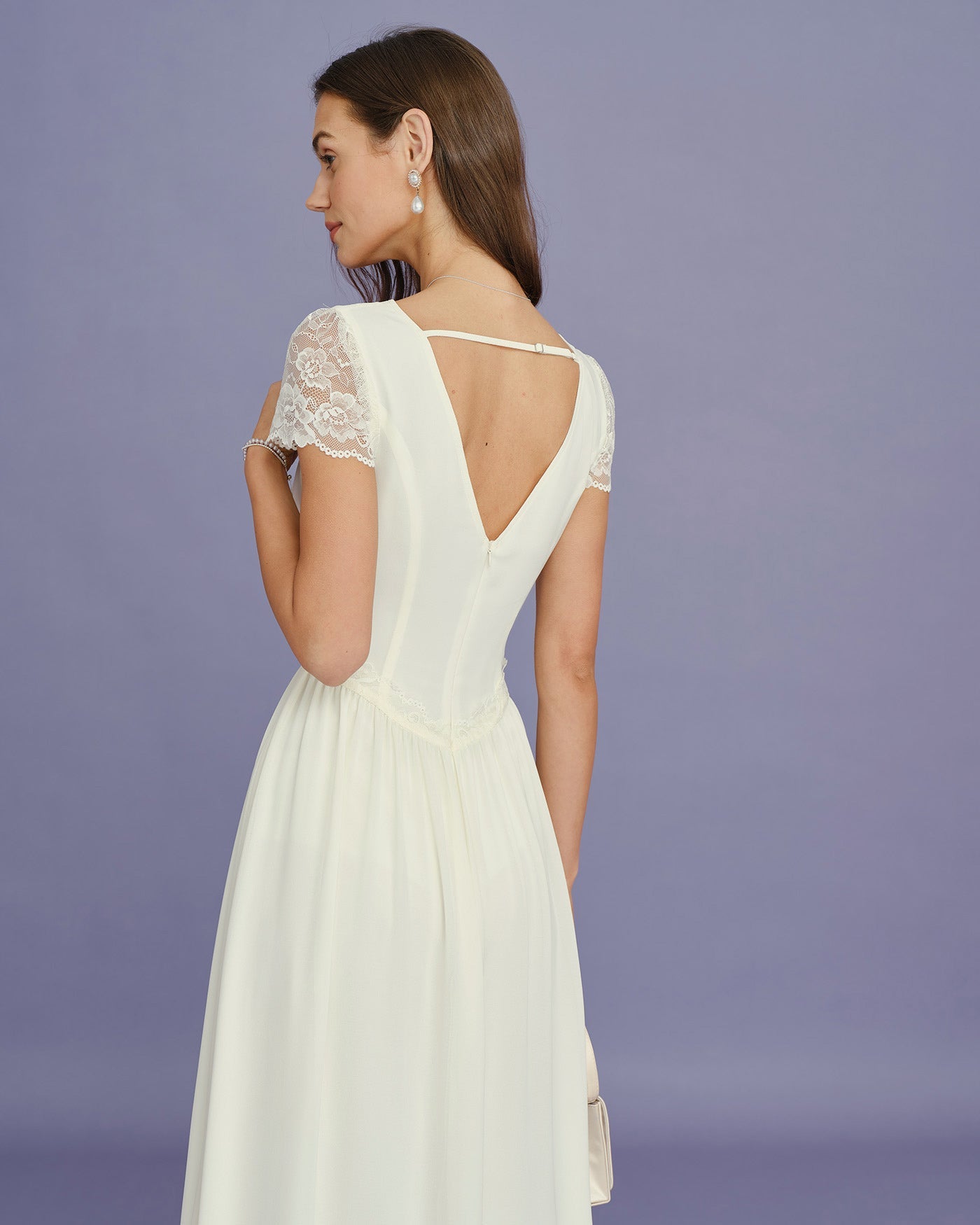 Vestido Maxi de Encaje con Espiguilla en V Color Albaricoque