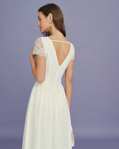 Vestido Maxi de Encaje con Espiguilla en V Color Albaricoque