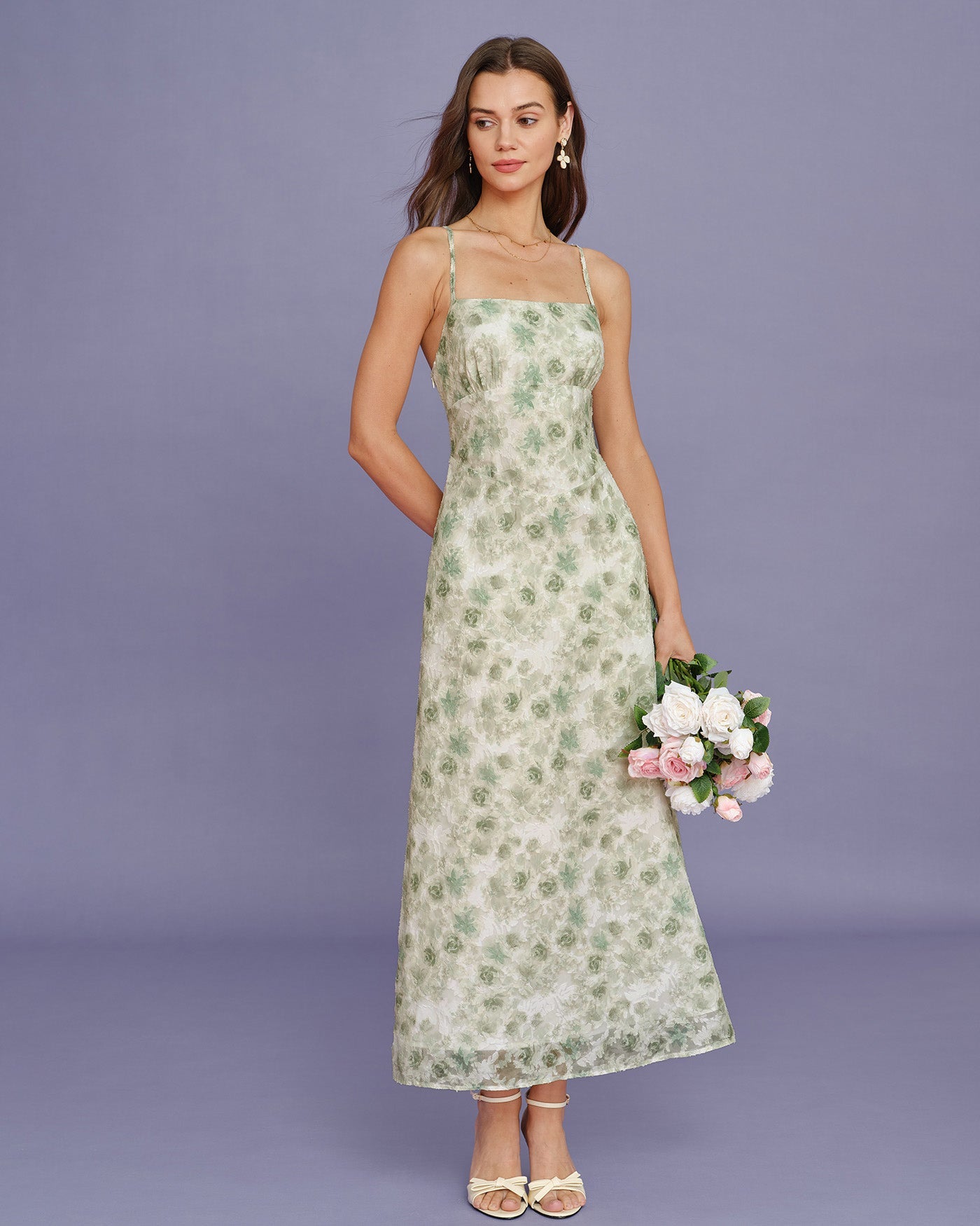 Vestido Maxi Slip Floral Verde Claro con Cruz
