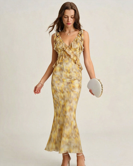 Vestido Maxi Deslizante con Volantes Amarillo