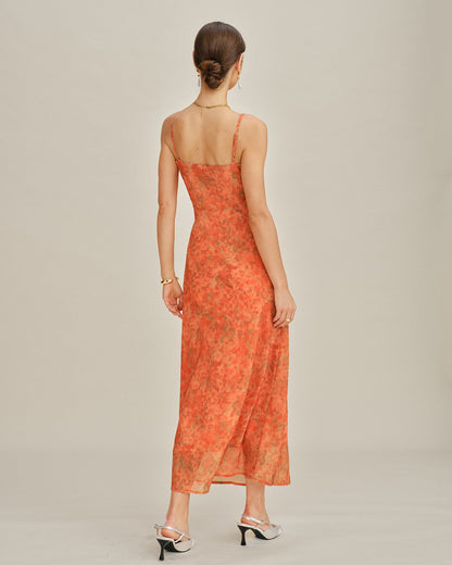 Vestido Maxi Slip A-Line Floral Naranja