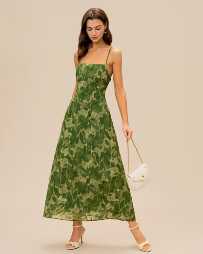 Vestido Maxi de Tirantes Cruzados con Flores Verdes