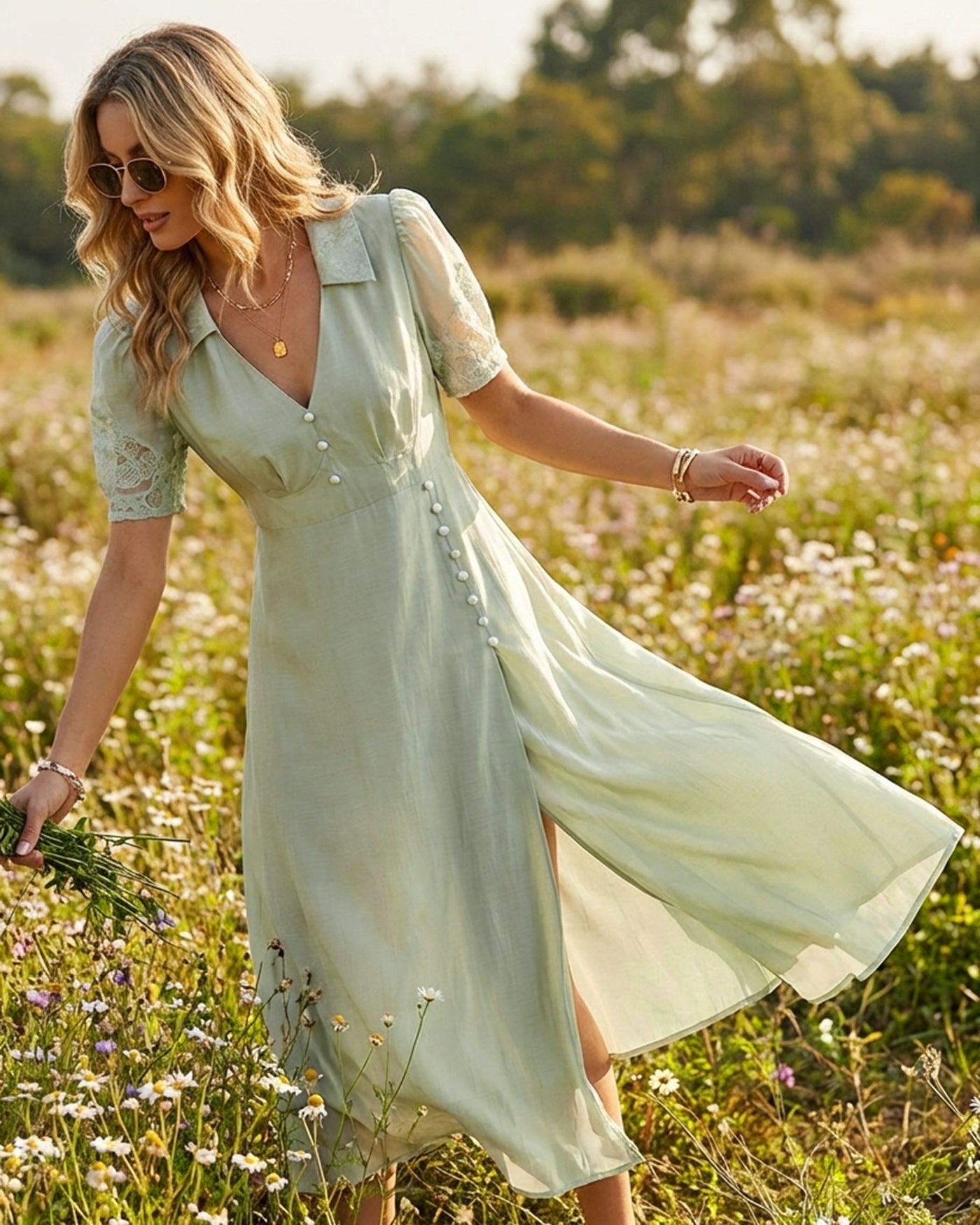 Vestido Maxi Verde con Cuello en V y Botones