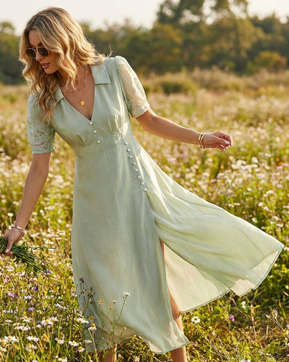 Vestido Maxi Verde con Cuello en V y Botones