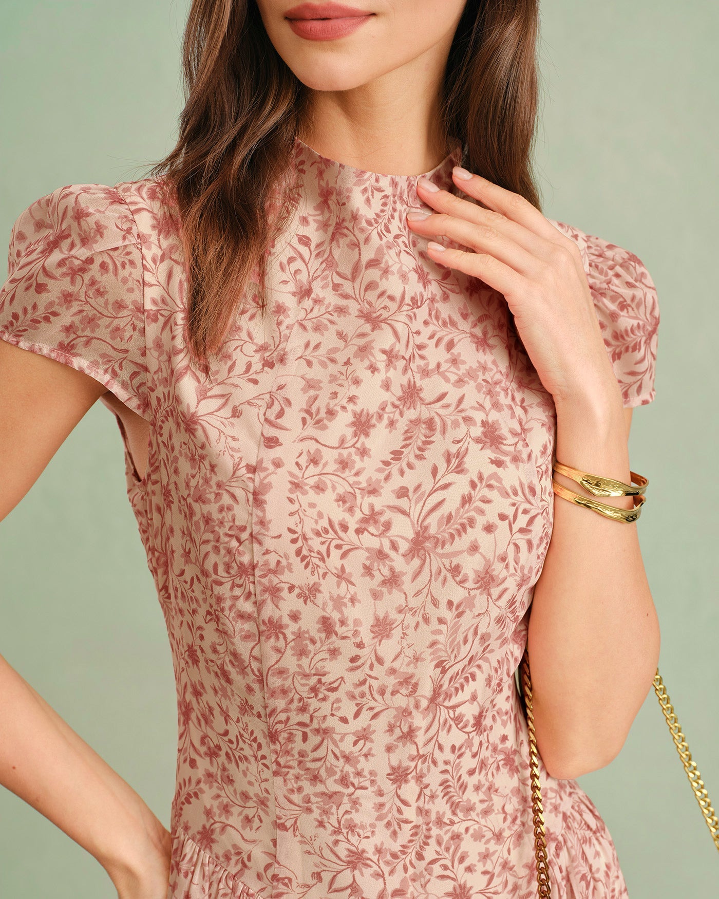 Vestido Maxi Floral con Cuello Mock Rosa
