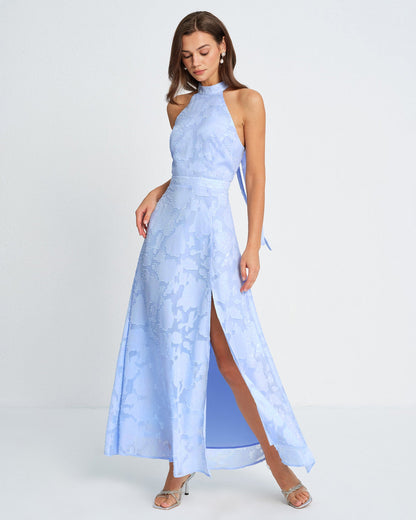 Vestido Maxi Jacquard de Cuello Alto Azul