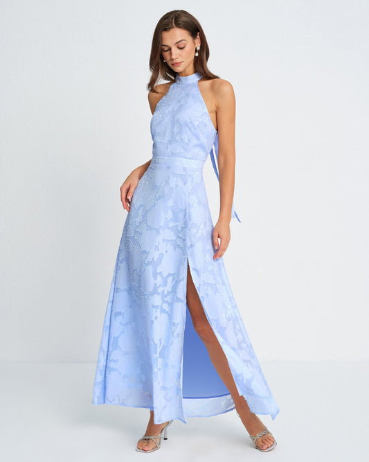 Vestido Maxi Jacquard de Cuello Alto Azul