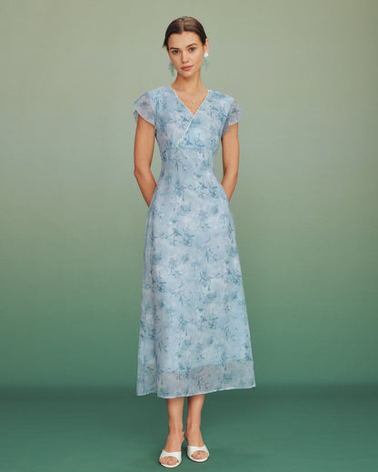 Vestido Largo Floral de Encaje con Cuello en V Azul