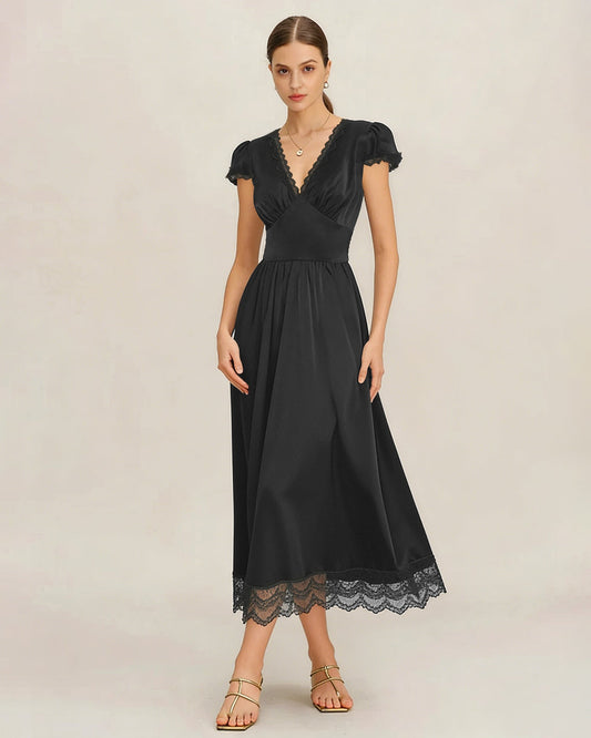 Vestido Maxi Negro con Escote en V y Mangas Abullonadas