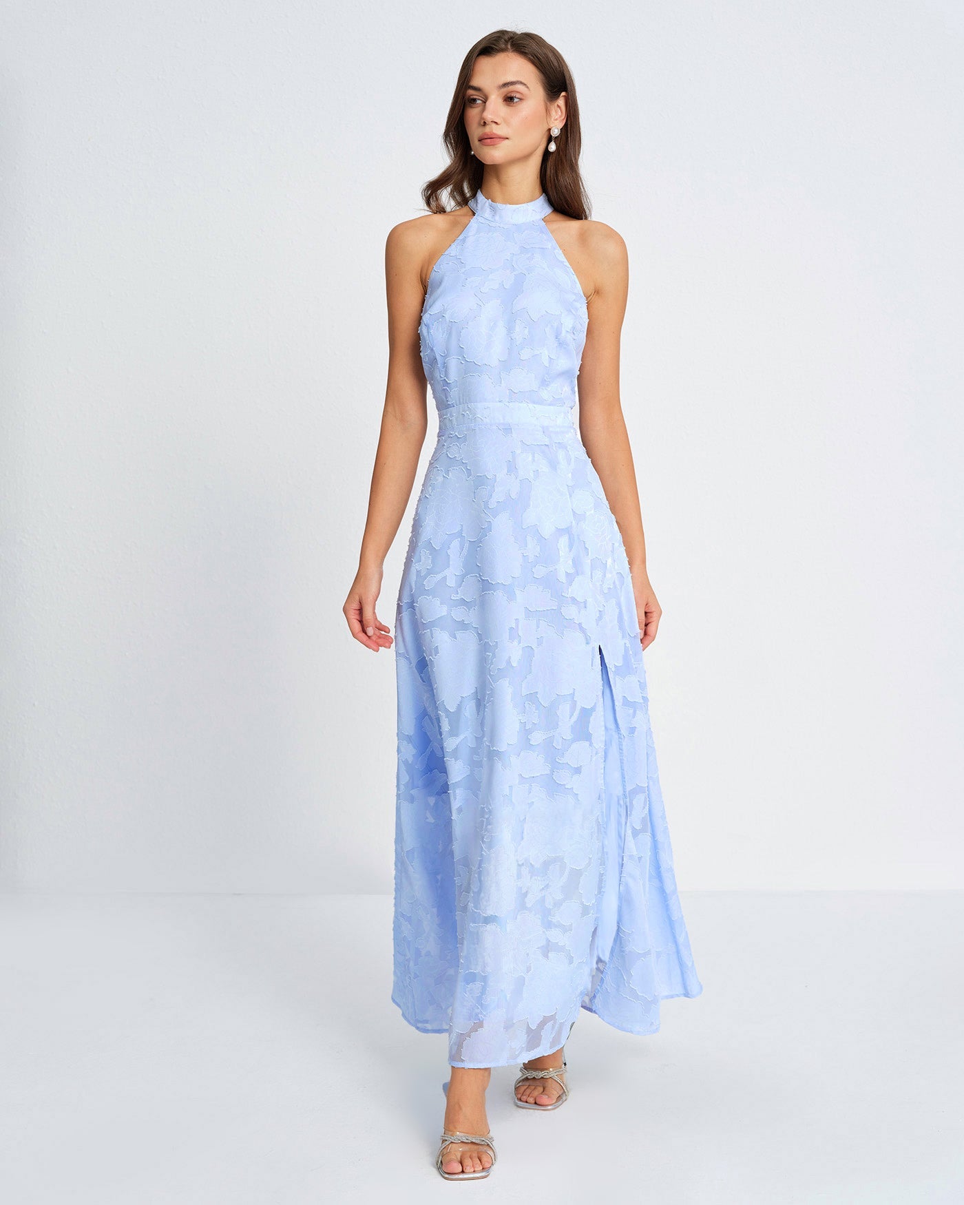 Vestido Maxi Jacquard de Cuello Alto Azul