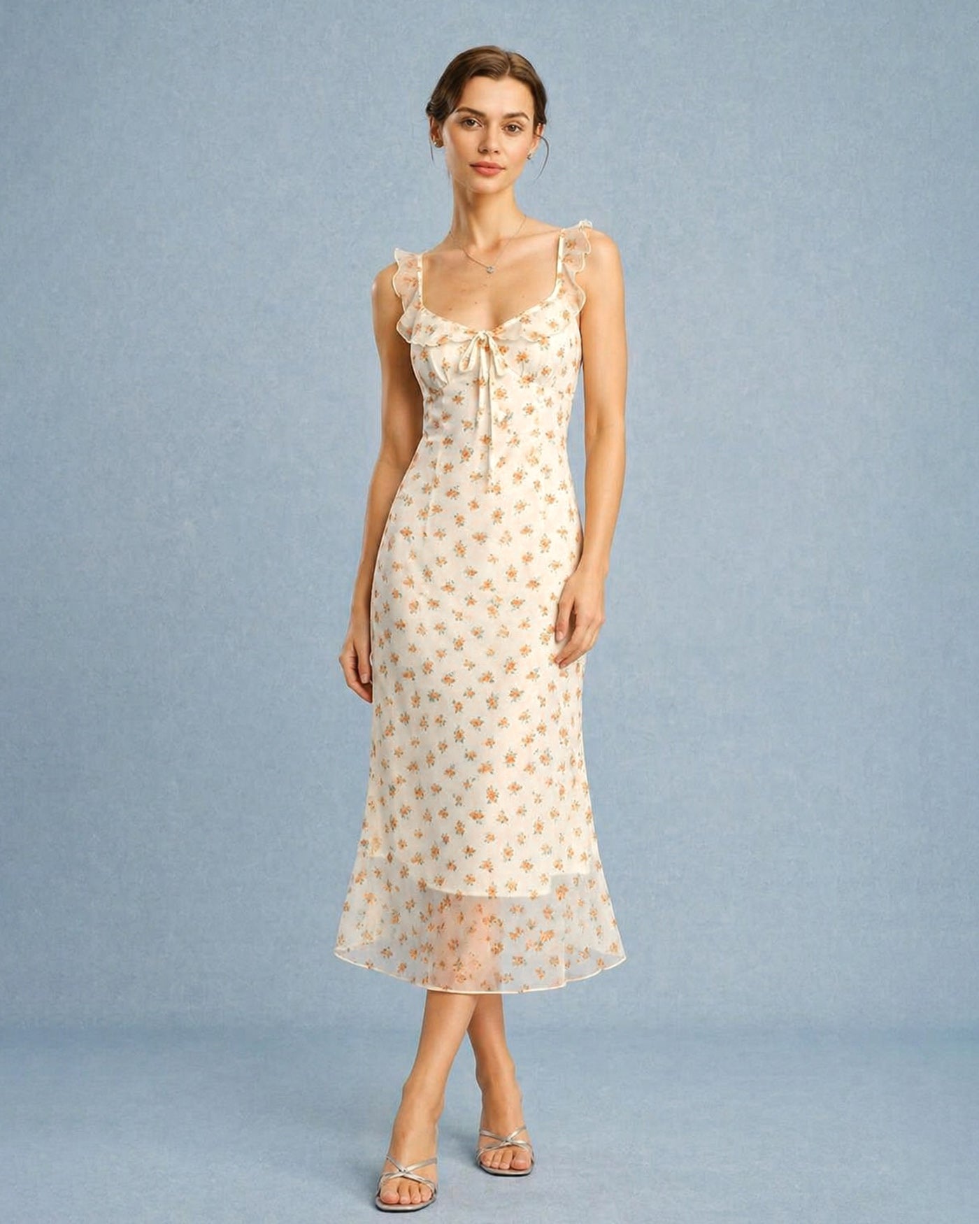 Vestido Maxi Sin Mangas con Volantes de Flor de Albaricoque