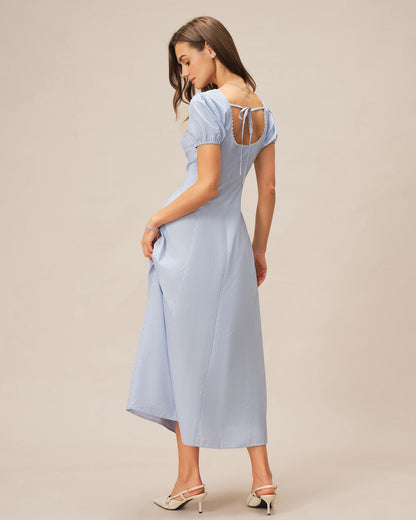 Vestido Maxi Rayado con Cuello en V y Mangas Abullonadas