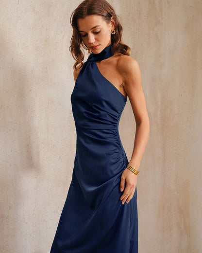 Vestido Maxi A-Line de Un Hombro en Marino