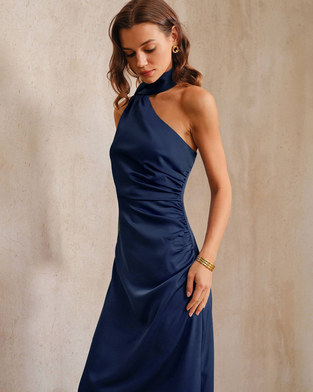 Vestido Maxi A-Line de Un Hombro en Marino