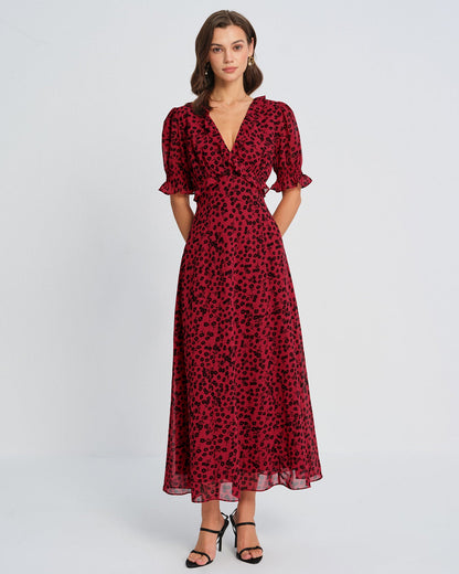 Vestido Maxi Floral de Cuello en V Rojo