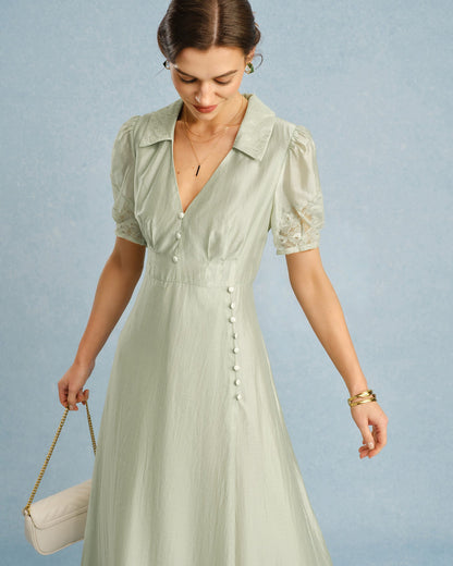 Vestido Maxi Verde con Cuello en V y Botones