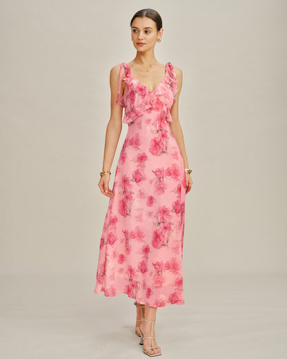 Vestido Maxi de Chiffon con Volantes Florales en Rosa