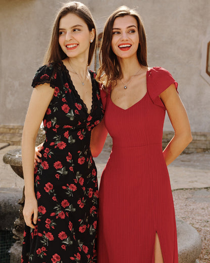Vestido Maxi Jacquard de Cuello Corazón Rojo