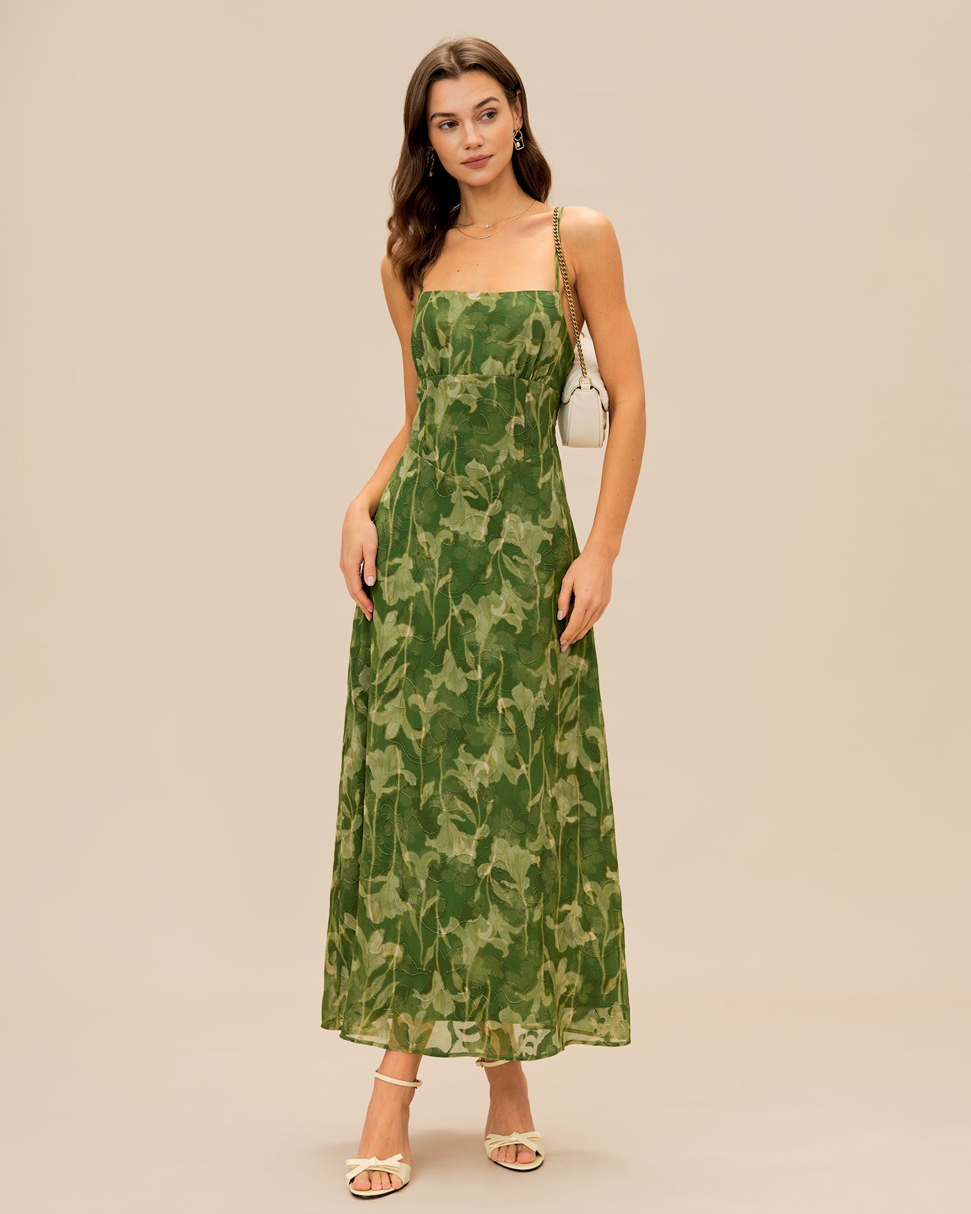 Vestido Maxi de Tirantes Cruzados con Flores Verdes
