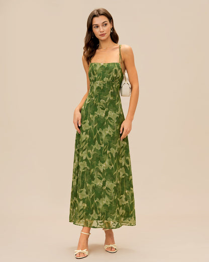 Vestido Maxi de Tirantes Cruzados con Flores Verdes