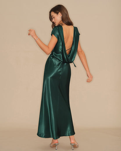 Vestido Maxi de Satén Verde con Corbata