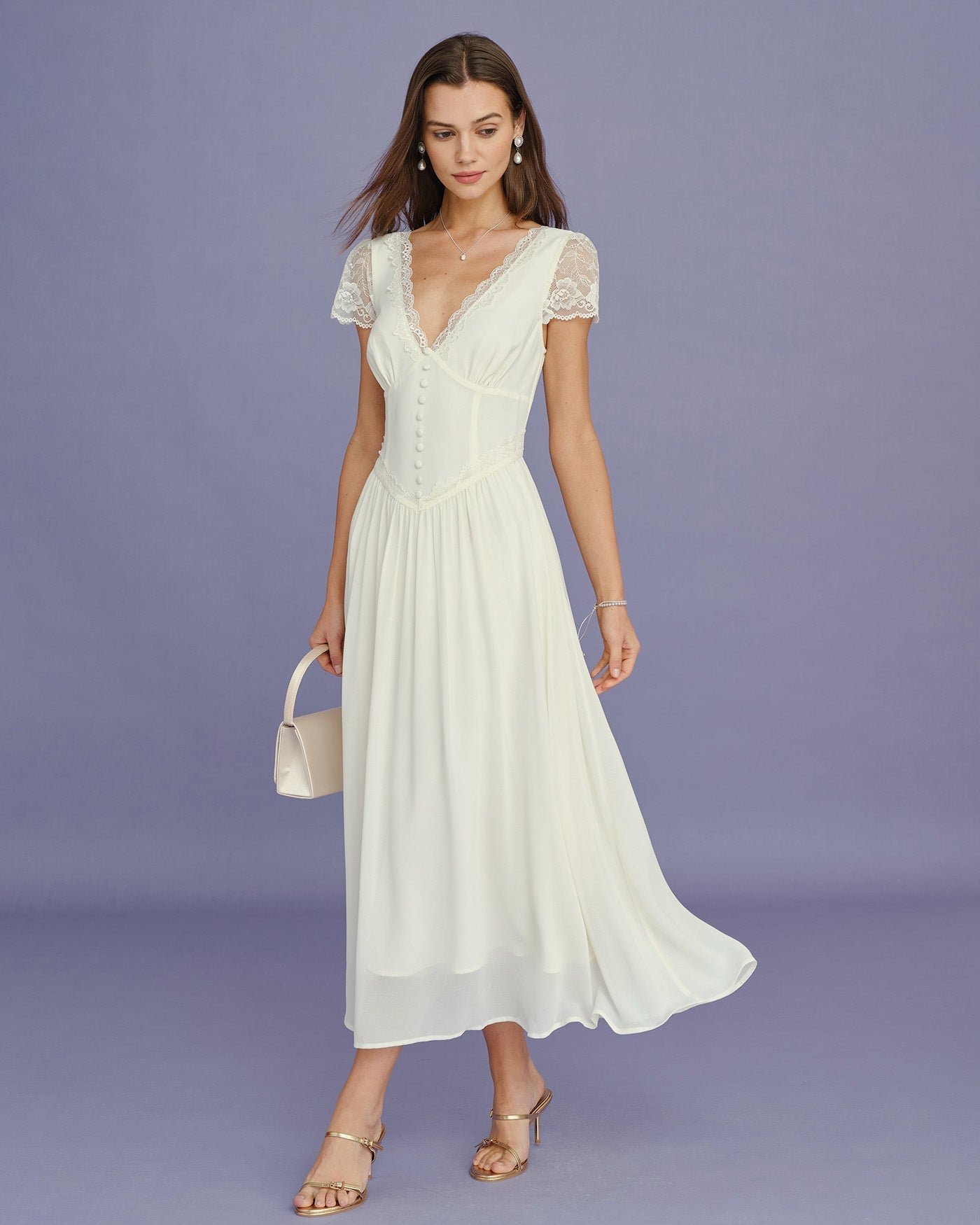 Vestido Maxi de Encaje con Espiguilla en V Color Albaricoque