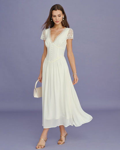 Vestido Maxi de Encaje con Espiguilla en V Color Albaricoque