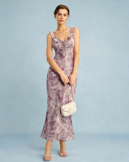 Vestido Maxi Sin Mangas A-Line con Volantes Morado