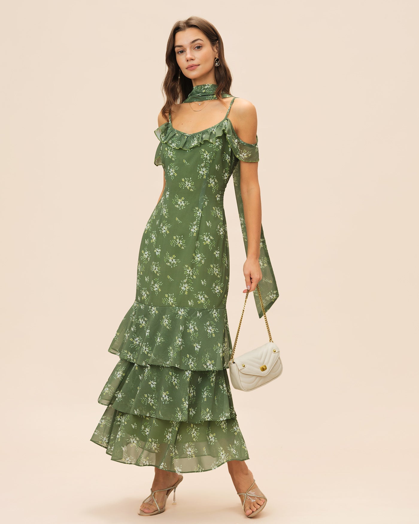 Vestido Maxi Floral con Volantes y Escote en V Verde