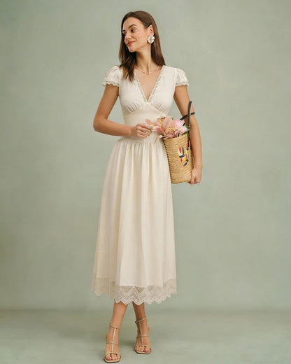 Vestido Maxi de Encaje con Escote en V Color Albaricoque