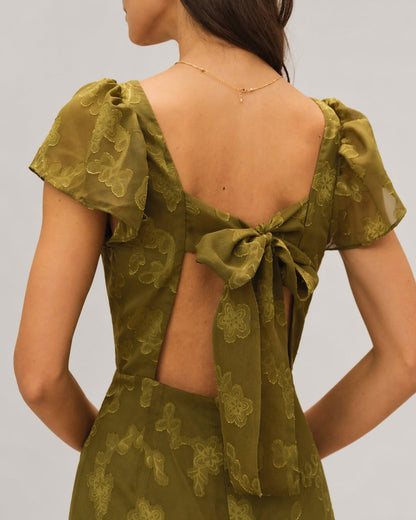 Vestido Maxi Jacquard de Escote Corazón Verde