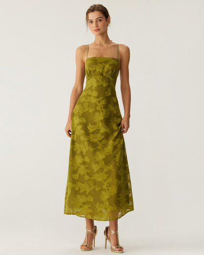 Vestido Maxi Sin Espalda con Fruncidos Florales Verdes