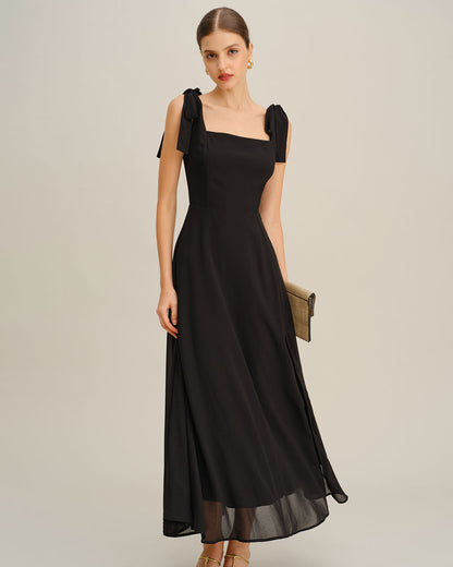 Vestido Maxi de Chiffon Negro con Tirantes