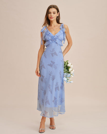 Vestido Maxi con Volantes y Tirantes de Flores Azules